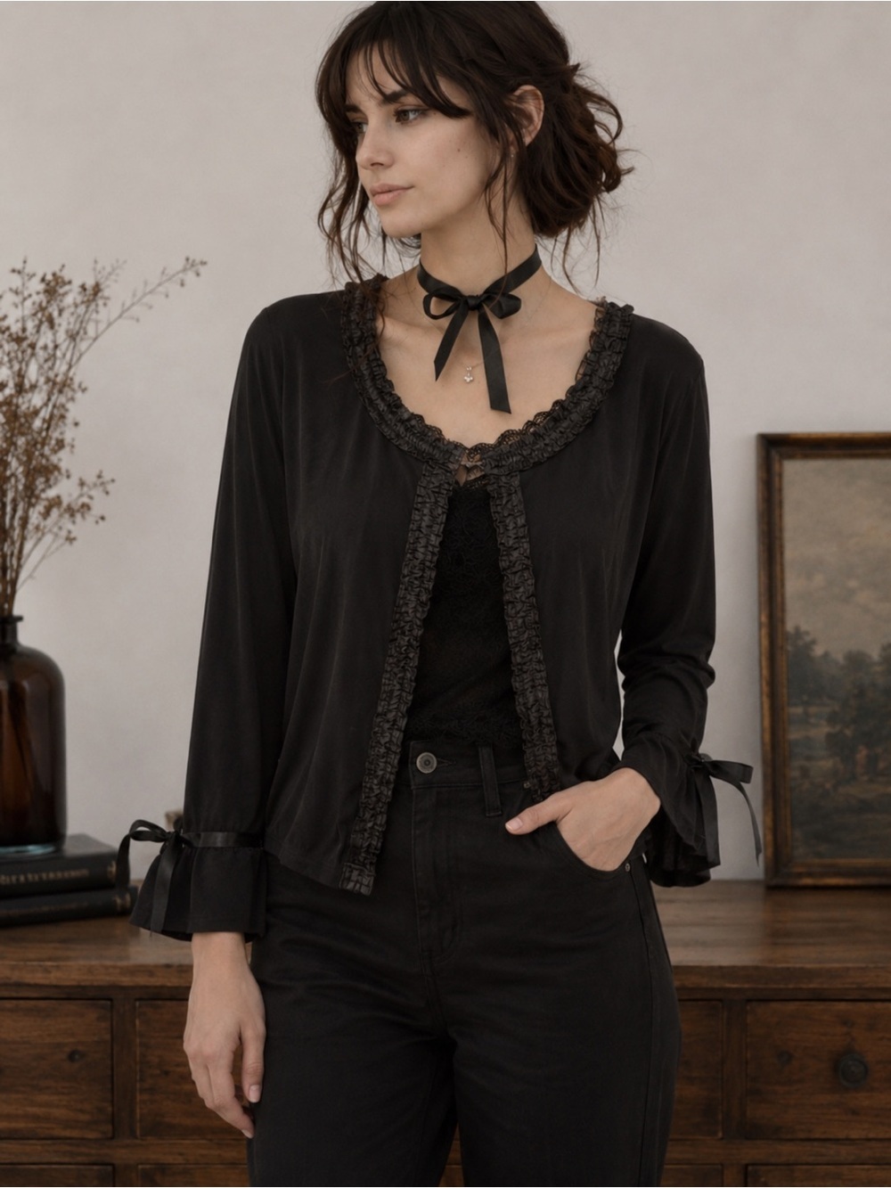 Black cardigan Satin Trim Sequins Whimsigoth Dark Romantic Tie Front Coquette